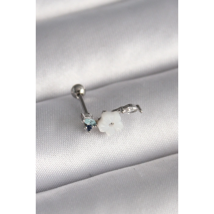 316L Çelik Gümüş Renk Zirkon Taş Detay Beyaz Çiçek Model Tragus Piercing 5886