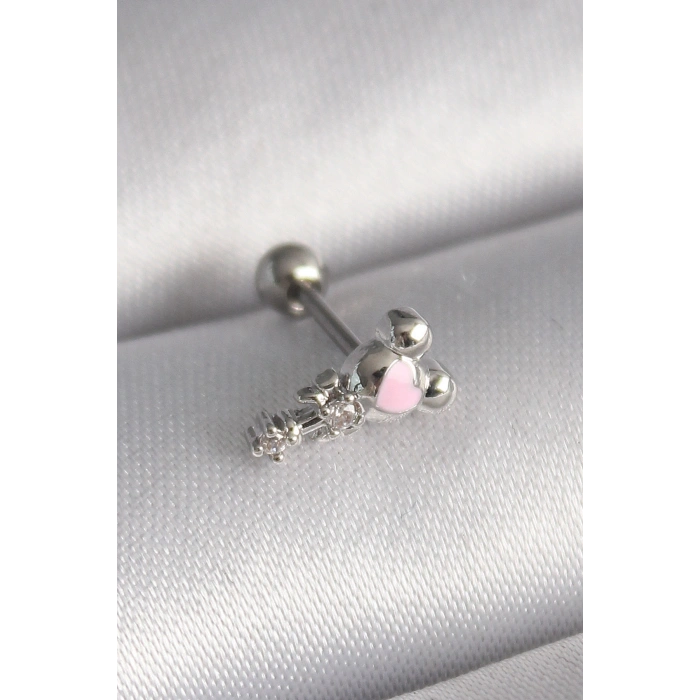 316L Çelik Gümüş Renk Zirkon Taş Detay Pembe Kalp İşleme Tragus Piercing 5886