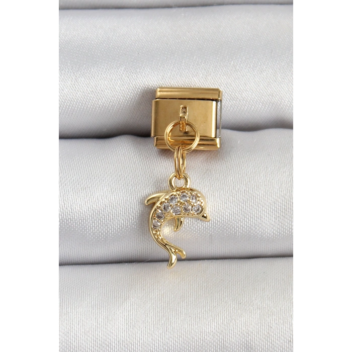 316L Çelik Sallantılı Zirkon Taşlı Yunus Balığı Model Gold Renk Nomination Charm 5886