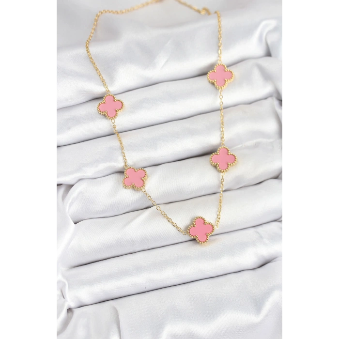 316L Çelik Zincir Gold Pembe Renk Yonca Kadın Kolye 5886
