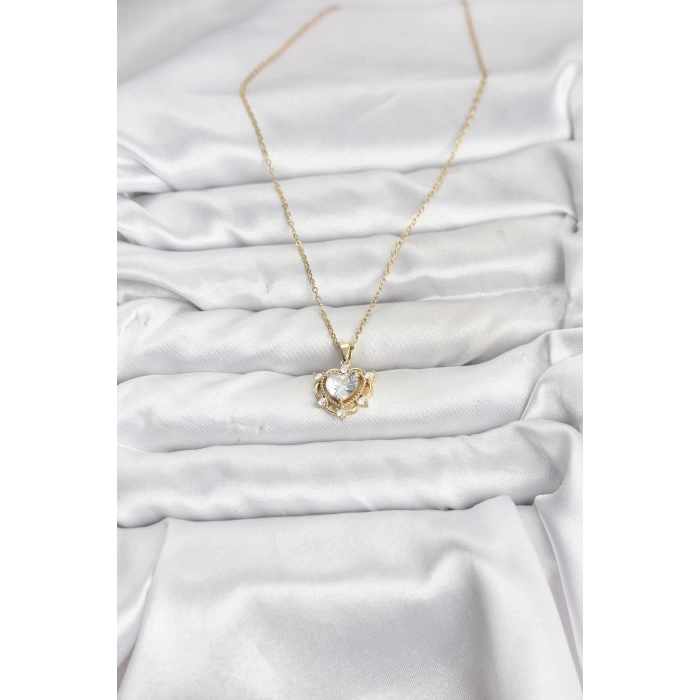 316L Çelik Zincir Gold Renk Kalp Model Zirkon Taşlı Kadın Kolye 5886