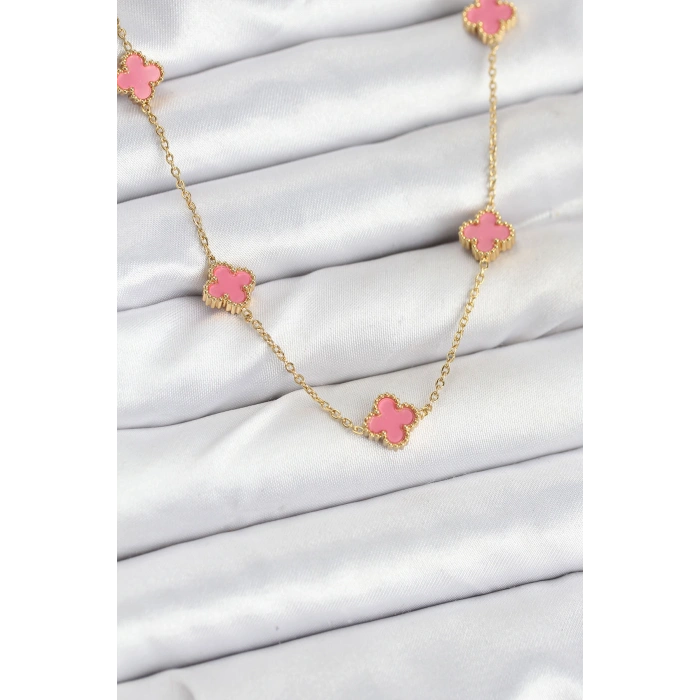 316L Çelik Zincir Gold Renk Pembe Baby Boy Yonca Kadın Kolye 5886