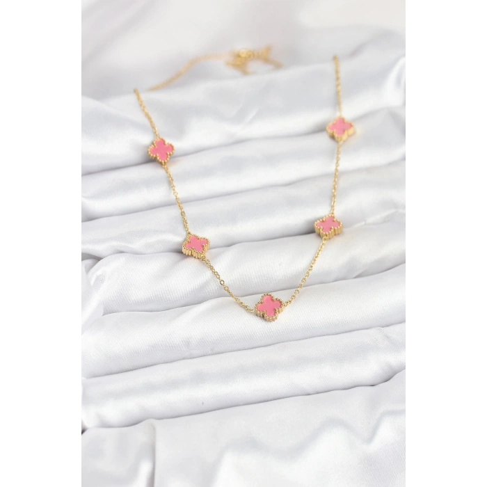 316L Çelik Zincir Gold Renk Pembe Baby Boy Yonca Kadın Kolye 5886