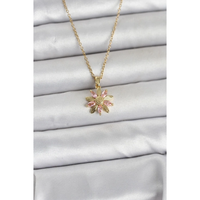 316L Çelik Zincir Gold Renk Pembe Papatya Model Kadın Kolye 5886