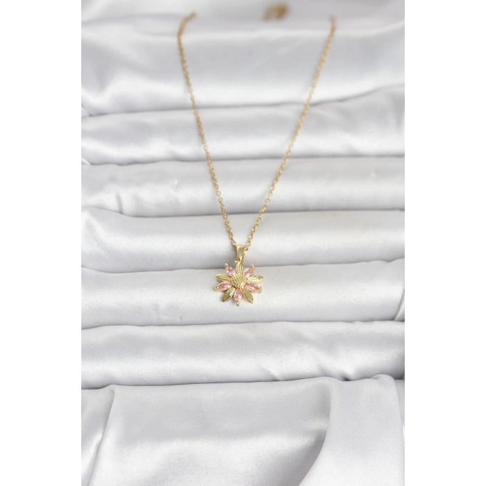 316L Çelik Zincir Gold Renk Pembe Papatya Model Kadın Kolye 5886