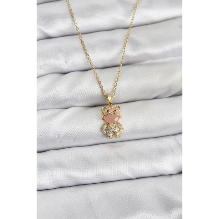 316L Çelik Zincir Gold Renk Teddy Bear Model Zirkon Taşlı Kadın Kolye 5886