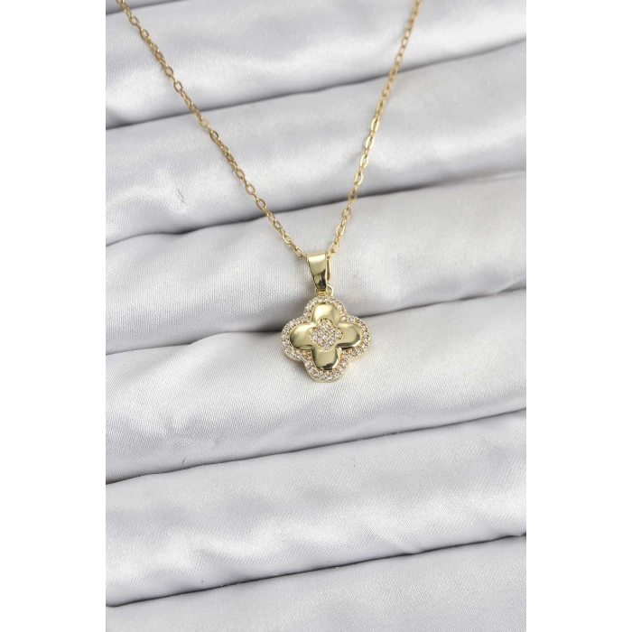 316L Çelik Zincir Gold Renk Zirkon Taşlı Yonca Model Kadın Kolye 5886
