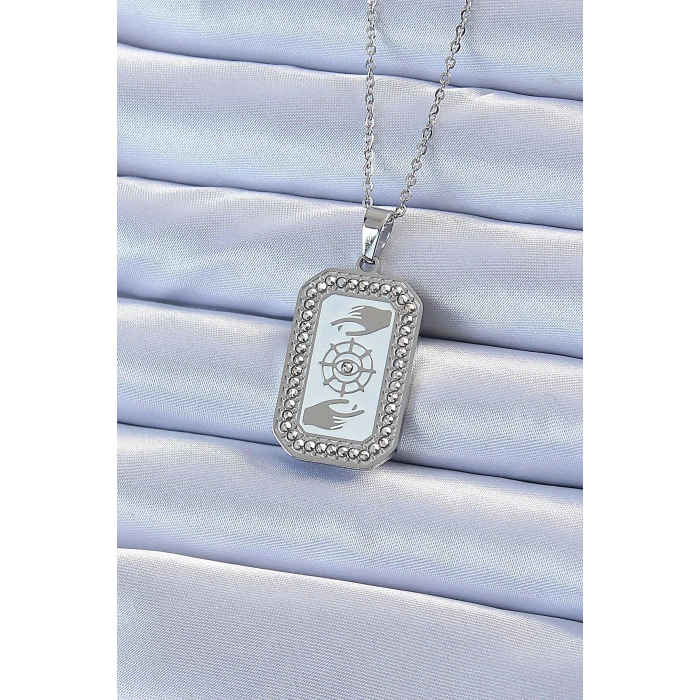 316L Çelik Zincir Gümüş Renk Mineli Zirkon Taşlı Göz Figür Tarot Kolye 5886