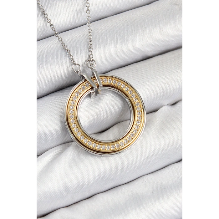 316L Çelik Zirkon Taşlı Dönen Daire Model Gold Ve Gümüş Renk Kadın Kolye 5886