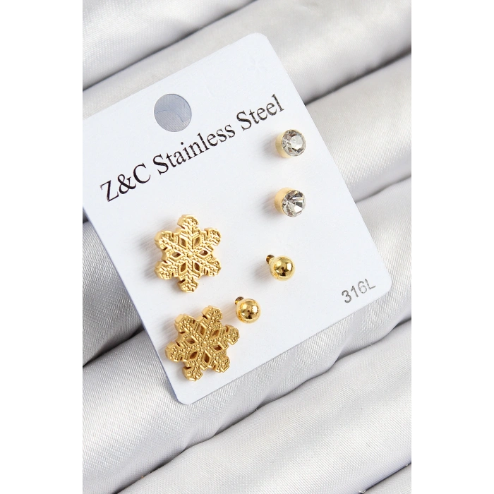 316L Çelik Zirkon Taşlı Kar Tanesi Model Gold Renk Kadın Set Küpe 5886