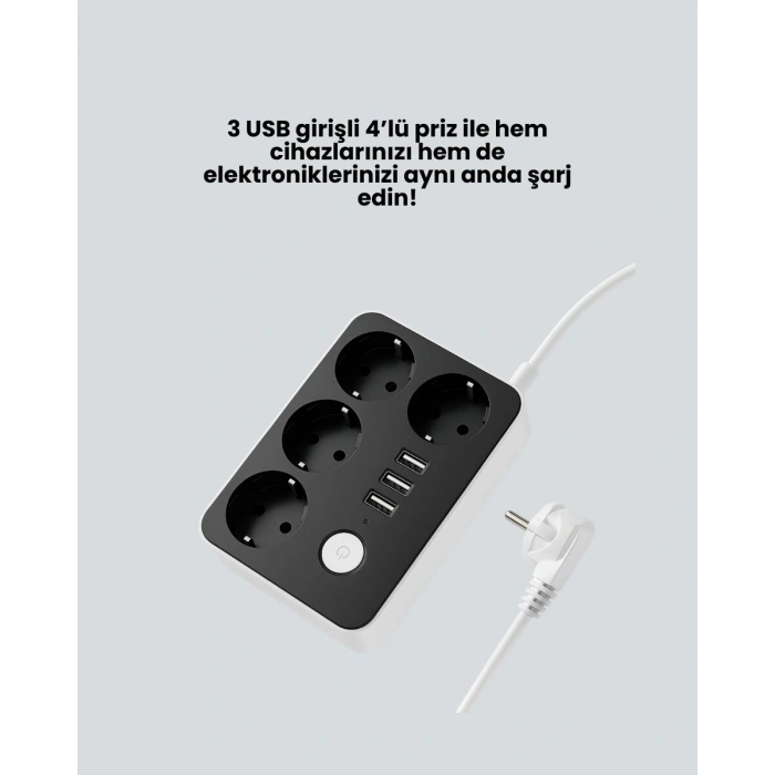 4 Prizli 3 USB Portlu Anahtarlı Akım Korumalı Priz
