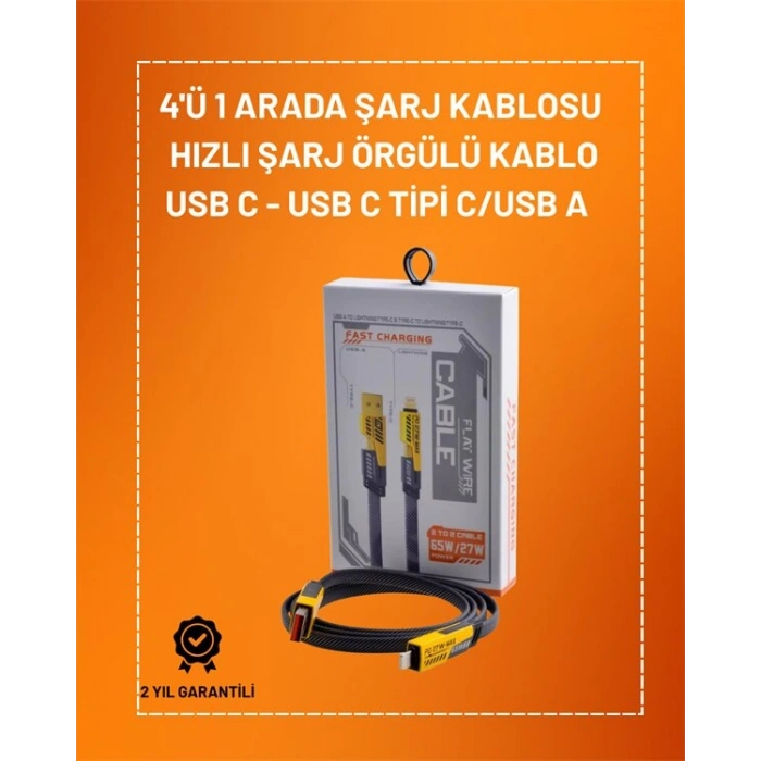 4ü 1 Arada USB Hızlı Şarj ve Veri Kablosu – 65W Güç Çoklu Bağlantı 1.2m