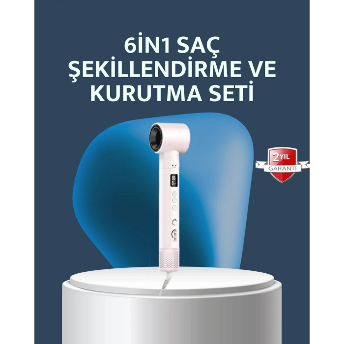 6-in-1 Saç Şekillendirme Seti Yüksek Hızlı Motor Negatif İyon LCD Ekran