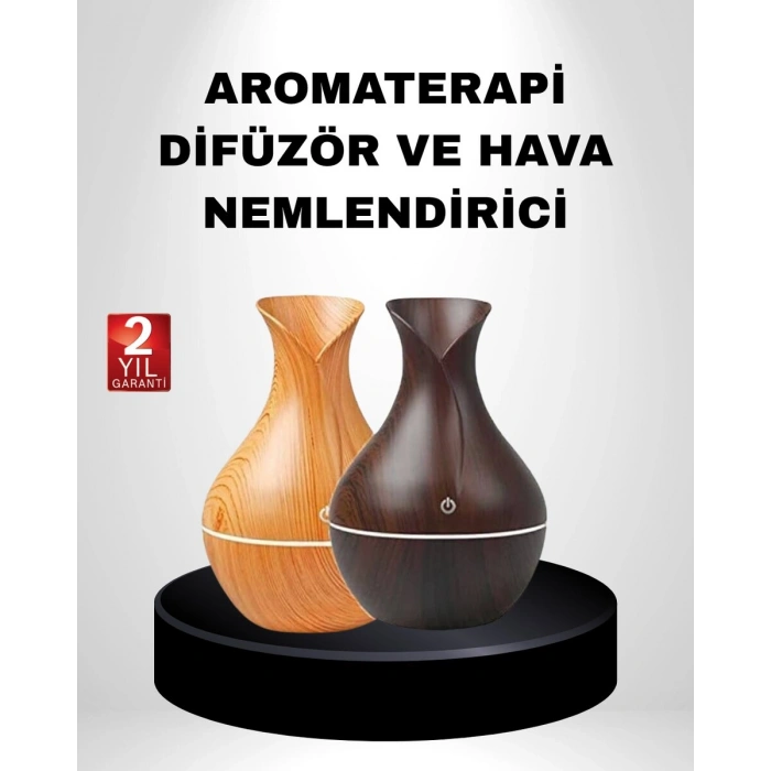 Ahşap Desenli Aromaterapi Difüzör 130 ml Ultrasonik ve 7 Renk LED Işıklı