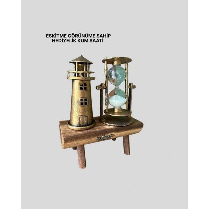 Ahşap Gövdeli Deniz Feneri Formlu Kum Saati – 15x20 cm Masa Dekoru