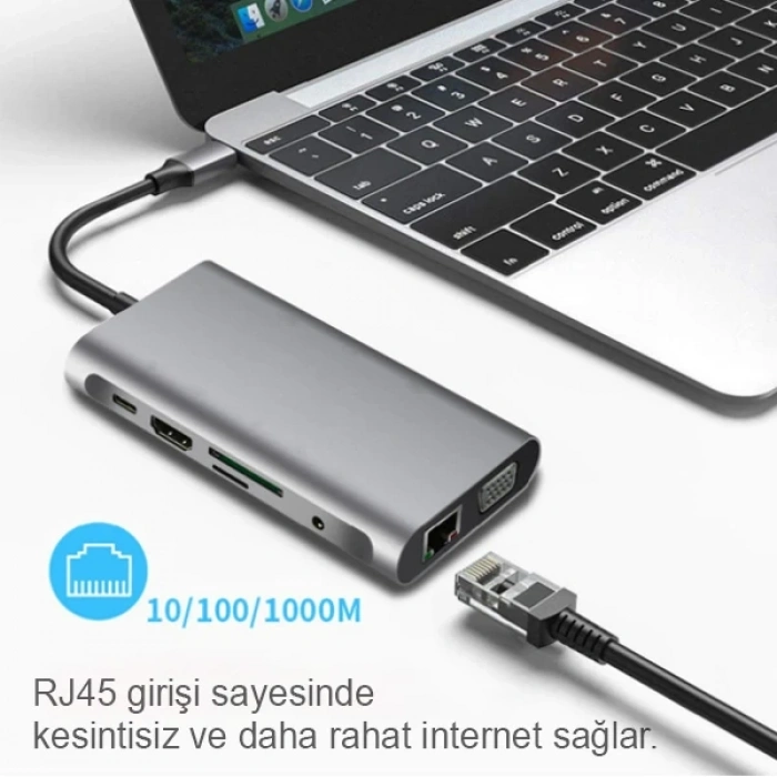 ALLY 10 İN 1 HDMI VGA RJ45 PD USB 3.0 HUB Adaptör Çoklayıcı-(5775)