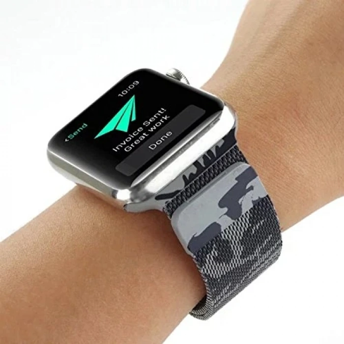 Ally Apple Watch 7-8 45mm 6-5-4 44mm Kayış Kordon Metal Milano Loop Kamuflaj 3-2-1 42mm-(5775)