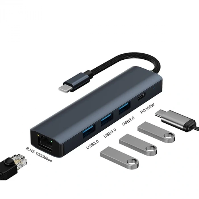ALLY BYL-2302 5 IN 1 Type-c To USB + Type-c + Ethernet Dönüştürücü Çoğaltıcı Hub-(5775)