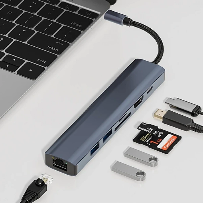 ALLY BYL-2303 7 IN 1 Type-c To USB + Type-c + Ethernet + Kart Okuyucu + HDMI Dönüştürücü Çoğaltıcı H-(5775)