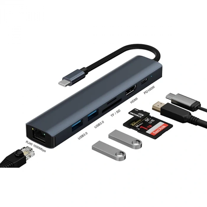 ALLY BYL-2303 7 IN 1 Type-c To USB + Type-c + Ethernet + Kart Okuyucu + HDMI Dönüştürücü Çoğaltıcı H-(5775)