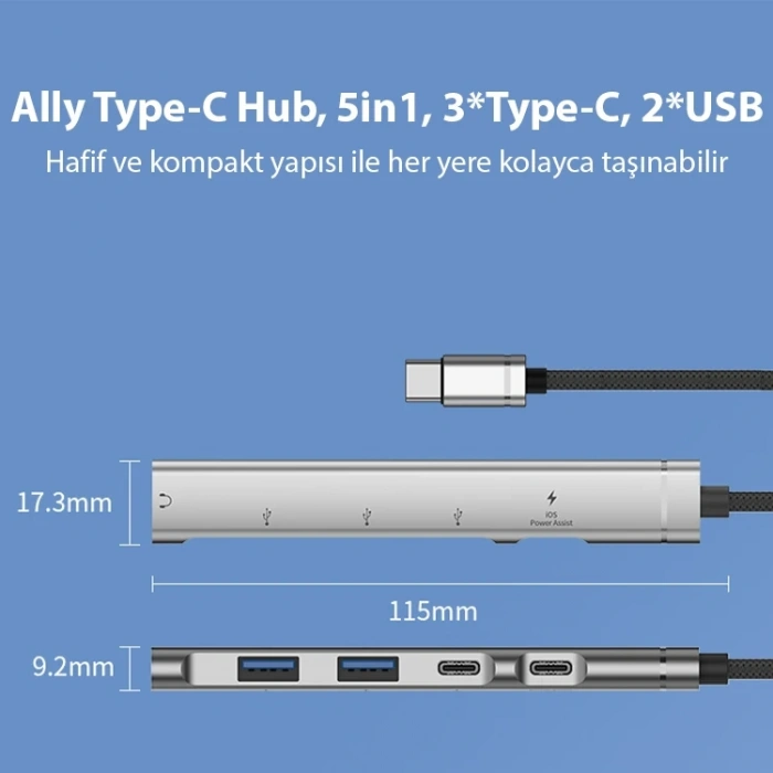 Ally HB01 5In1 Type C Dönüştürücü  Adaptör Hub Çoklayıcı-(5775)