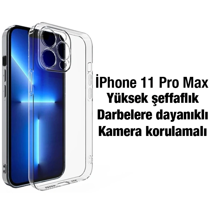 Ally iPhone 11 Pro Max 6.5inç Kılıf Kamera Korumalı Ultra İnce Şeffaf Silikon Kılıf-(5775)