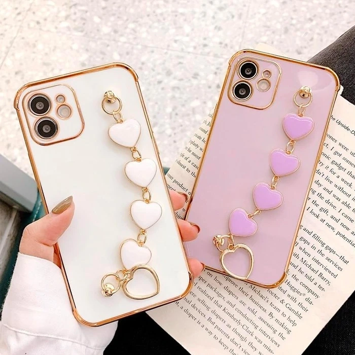 Ally iPhone 12 6.1inç Kılıf Kalp Bileklik Tutuculu Lüx Silikon Askılı Kılıf-(5775)