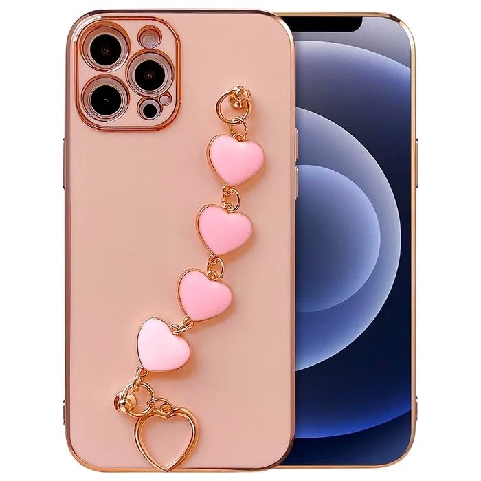 Ally iPhone 12 Pro 6.1inç Kılıf Kalp Bileklik Tutuculu Lüx Silikon Askılı Kılıf-(5775)