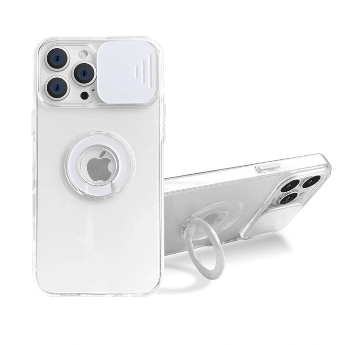 Ally iPhone 12 Pro Max Kılıf Sürgülü Kamera Lens Korumalı Yüzük Standlı Silikon Kılıf-(5775)