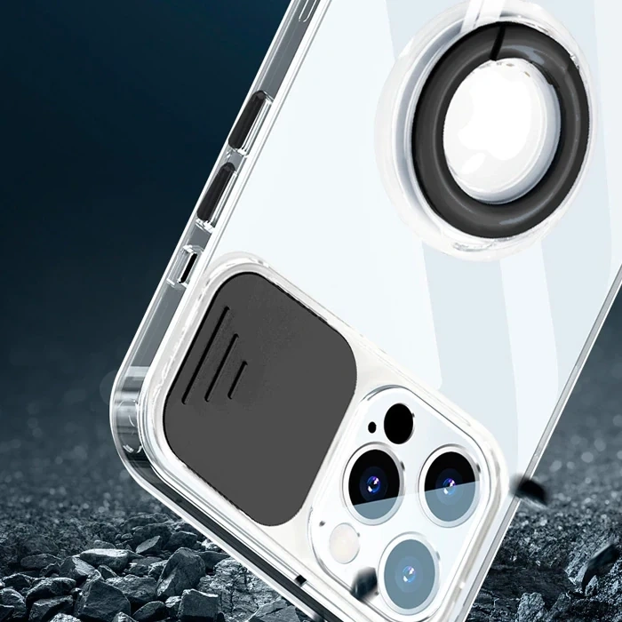 Ally iPhone 12 Pro Max Kılıf Sürgülü Kamera Lens Korumalı Yüzük Standlı Silikon Kılıf-(5775)