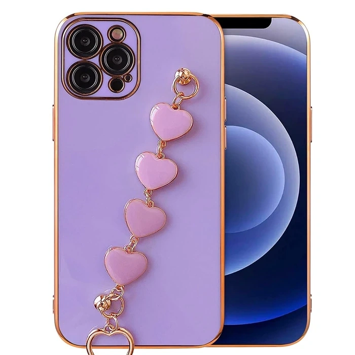 Ally iPhone 13 Pro Max 6.7inç Kılıf Kalp Bileklik Tutuculu Lüx Silikon Askılı Kılıf-(5775)