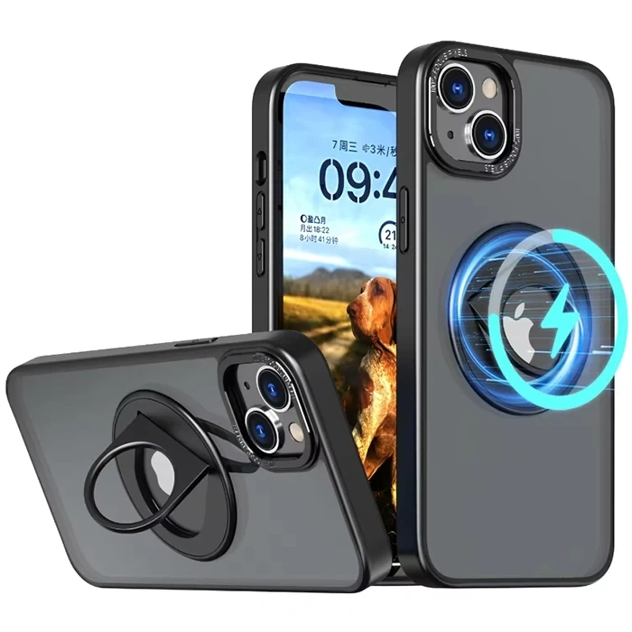 ALLY iPhone 14 Plus İçin Magsafe Uyumlu Yüzük Standlı Manyetik Silikon Kılıf-(5775)