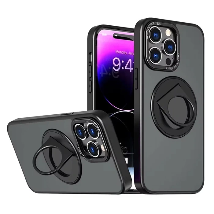 ALLY iPhone 15 Pro İçin Magsafe Uyumlu Yüzük Standlı Manyetik Silikon Kılıf-(5775)