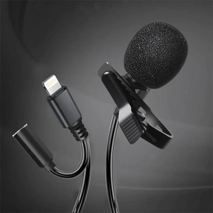 ALLY iPhone Lightning Yaka Mikrofonu+3.5MM jack Profesyonel Youtuber Mikrofonu-(5775)