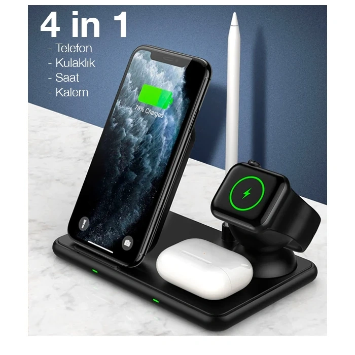 ALLY W58 15W Qi Hızlı Şarj 4 in 1 iPhone+ AirPods Pro Kablosuz Şarj Standı-(5775)