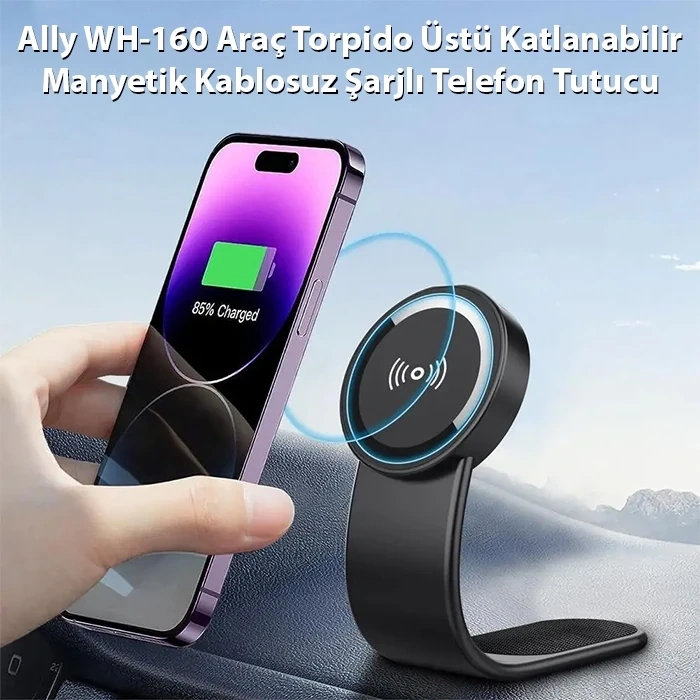 Ally WH-160 Araç Torpido Üstü Katlanabilir Manyetik Kablosuz Şarjlı Telefon Tutucu-(5775)