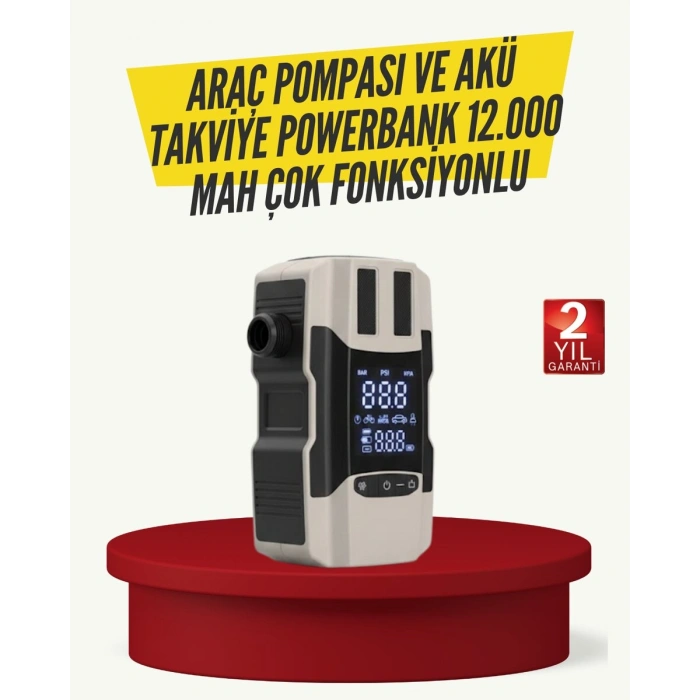 Araç Lastik Şişirme Pompası ve Akü Takviye Powerbank Bir Arada