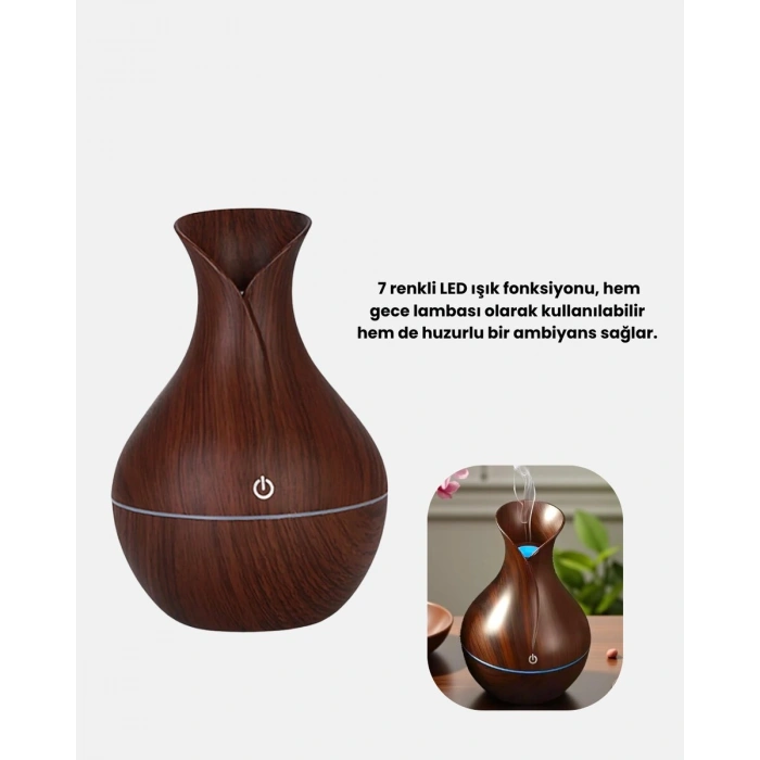 Aromaterapi Difüzör Ahşap Desenli ve Ultrasonik Nemlendirici LED Işıklı