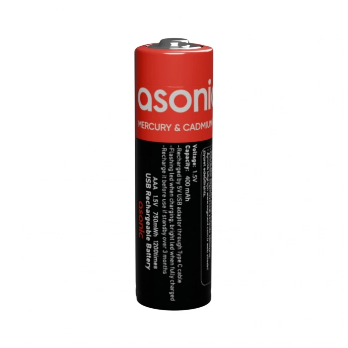 ASONIC PL400 AAA Şarjlı Pil 1.5Volt 400mAh/750mwh Type-C ile Kolay Şarj  2 li Paket (USB To Type-C Kablo Hediye)(1923)