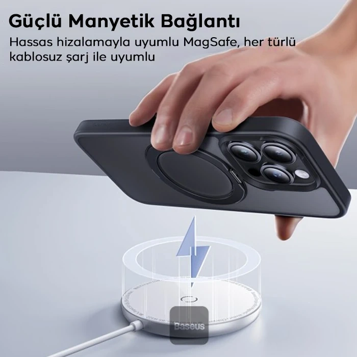 Baseus iPhone 15 Pro SkyRing Serisi Standlı Magsafe Manyetik Kılıf + Tempered Ekran Koruyucu Set-(5775)