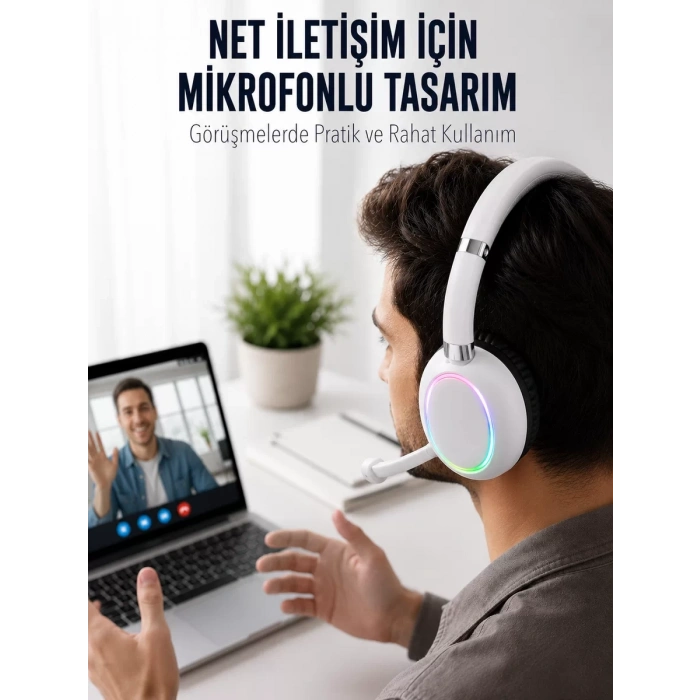 Bluetooth 5.0 Beyaz Kulak Üstü Kablosuz Kulaklık Mikrofonlu RGB Aydınlatmalı