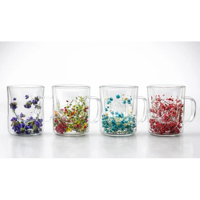 Çift Camlı Çiçekli Borosilikat Kupa Bardak - Model 3