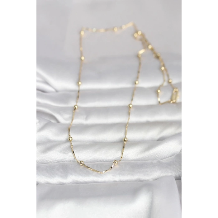 CM 14K Gold Renk Kesme Çubuk Zincir Topçuklu Model 60 cm Kadın Kolye 5886