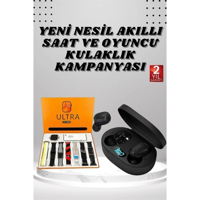 Dijital Göstergeli Kulaklık ve 7 Kordonlu Akıllı Saat Android ve İOS Uyumlu Uyku Takibi Sesli Görüşme