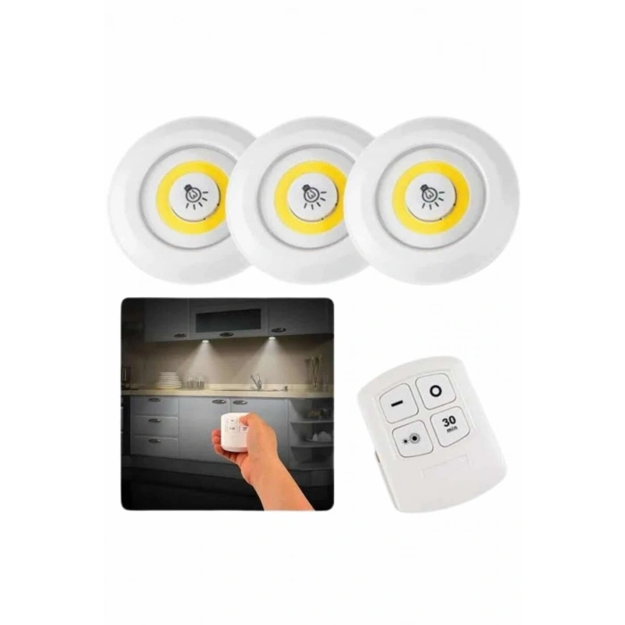 Dolap Işığı Mutfak Rafı Işığı Uzaktan Kumandalı 3 Lü Spot Led Lamba