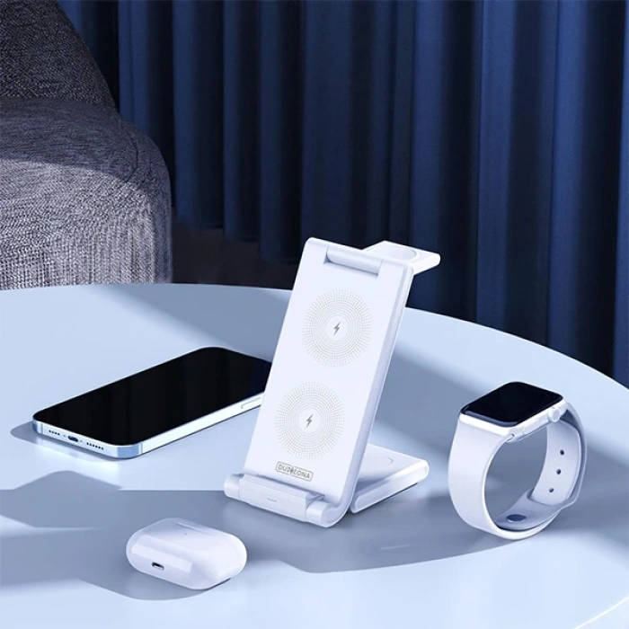 Duzzona 15W Katlanır 3 in 1 Telefon Kulaklık Saat Kablosuz Şarj Standı-(5775)