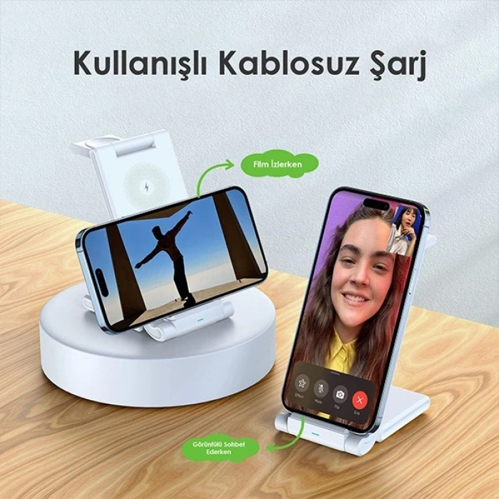 Duzzona 15W Katlanır 3 in 1 Telefon Kulaklık Saat Kablosuz Şarj Standı-(5775)
