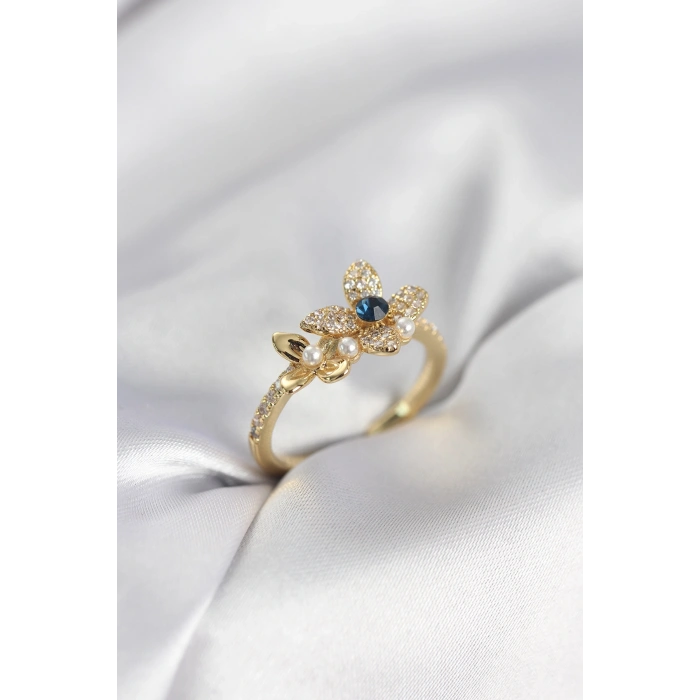 Gold Renk Çiçek Model Zirkon Taşlı Kadın Yüzük 5886