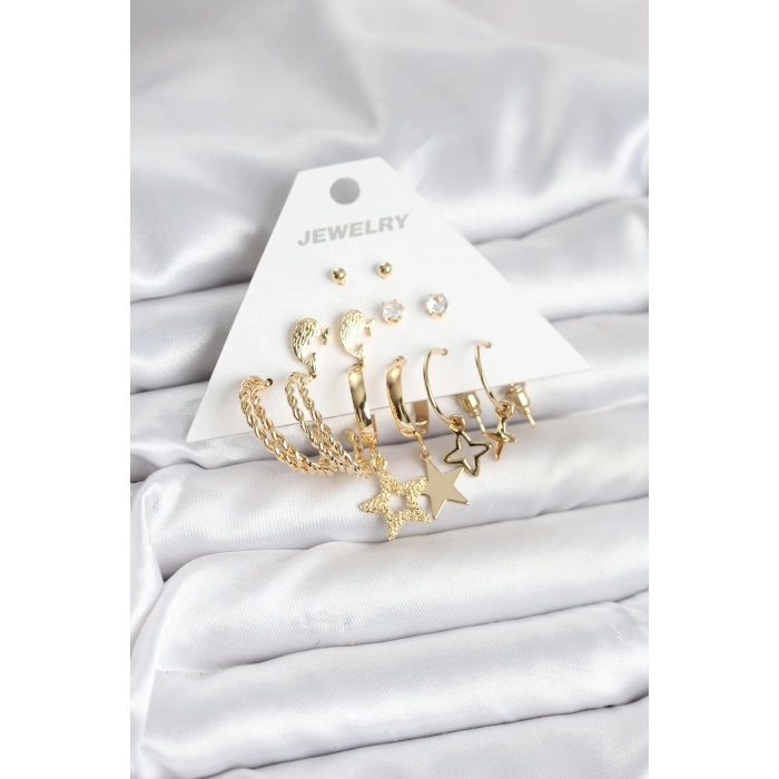 Gold Renk Yıldızlı Set 6 Çift Kadın Küpe Seti 5886
