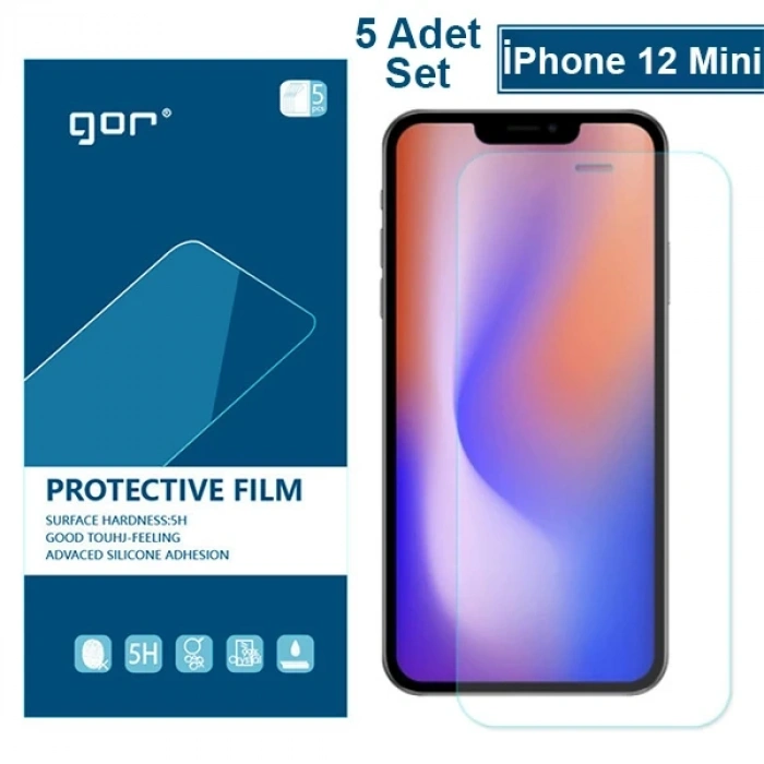 GOR İPhone 12 Mini 5.4 HD Ekran Koruyucu Jelatin 5 Adet Set-(5775)
